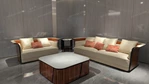 Beige Leather Sofa Set with Natural Ebony Wood Veneer, Embroidered Wing Craftsmanship & Stainless Steel Trim